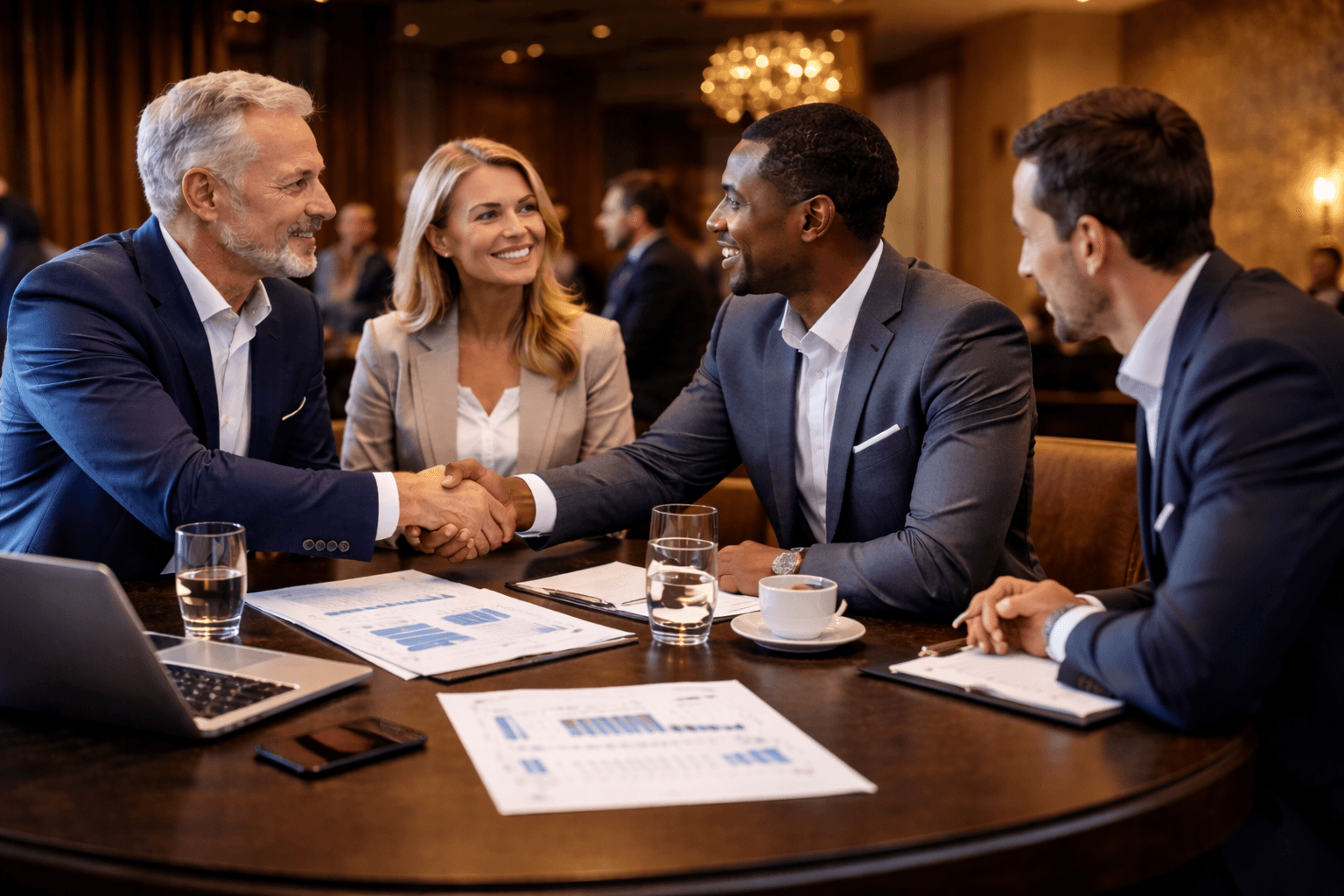 Business professionals networking and shaking hands at a private lending industry meeting